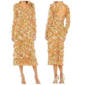 Mac Duggal Orange Multi Floral Print Cutout Back Tea-Length Dress